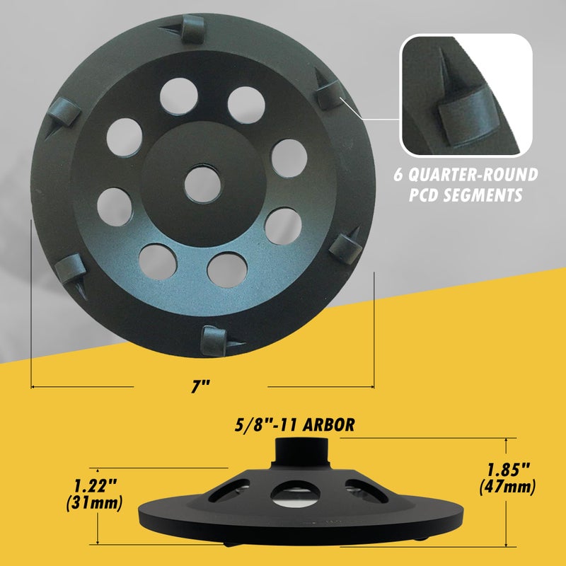 EDiamondTools 7" PCD Grinding Wheel for Epoxy, Glue, Mastic and Paint, 6 PCD Segments, 5/8"-11 Threaded Arbor - Image 4